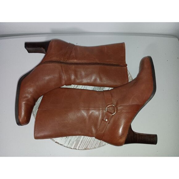 BASS, Tan Block Heel Mid Calf Leather Dress Boot with Ring, Woman Size 9 - Picture 4 of 8